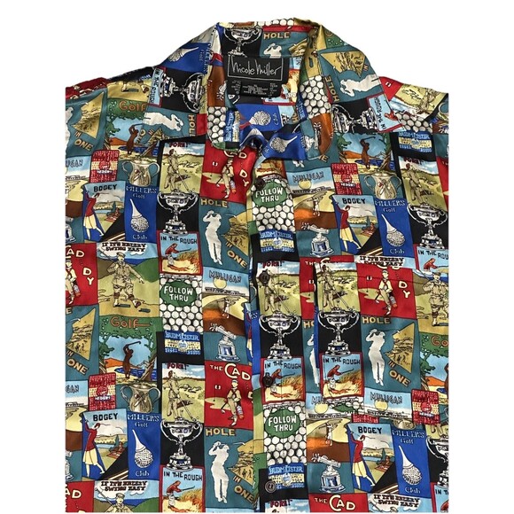 Vintage Nicole Miller Silk Button Shirt Gold AOP Short Sleeve Size Small - Picture 2 of 6